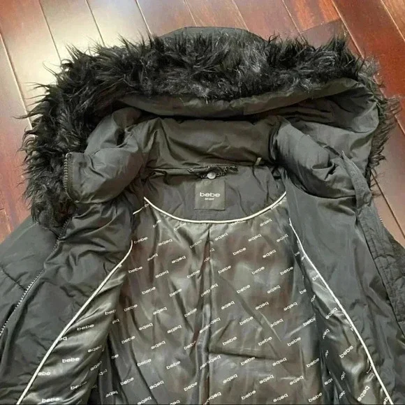 Bebe Long Quilted Winter Puffer Coat Faux Fur Trim Hood Black Size Large - Picture 12 of 16